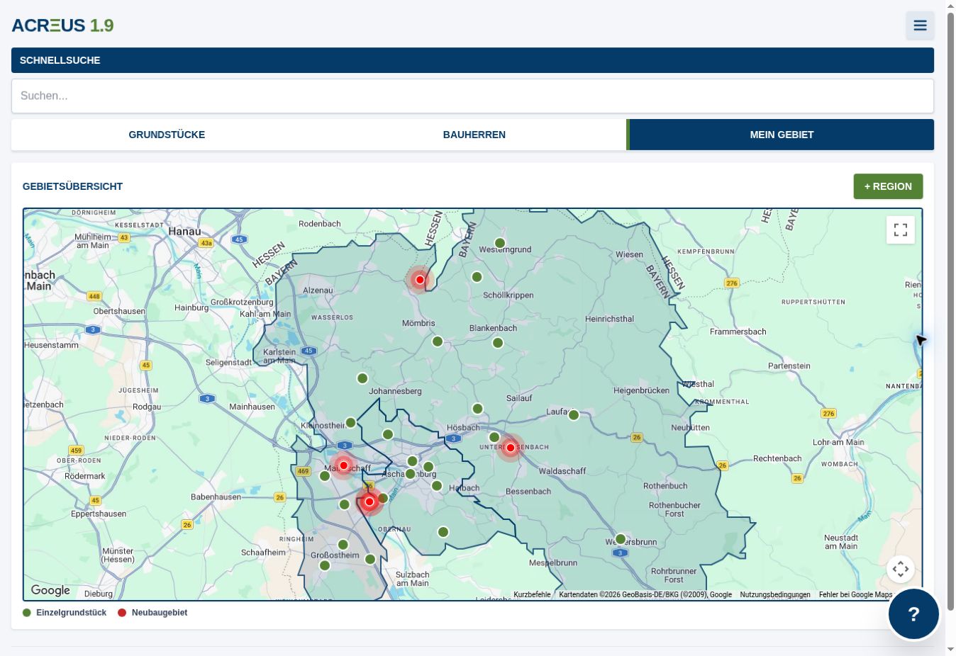 Echte ACREUS-Gebietsübersicht mit Grundstücken und markierten Neubaugebieten rund um Aschaffenburg
